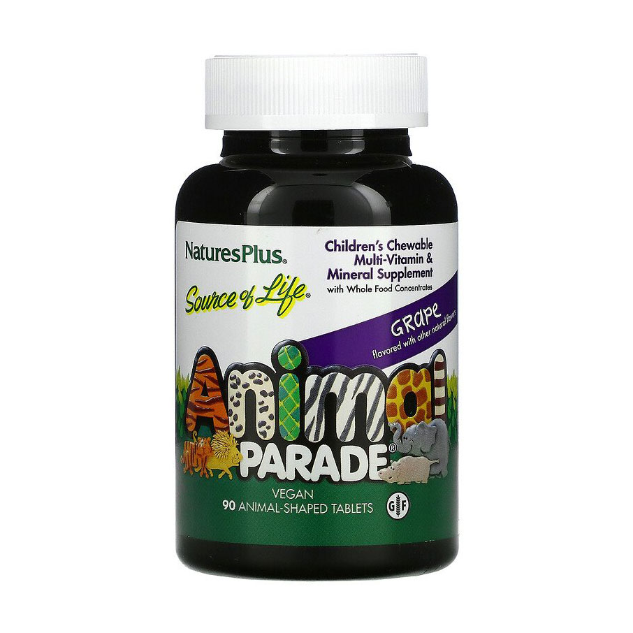 Мультивітаміни та мінерали для дітей NaturesPlus Animal Parade зі смаком винограду, 90 жувальних таблеток